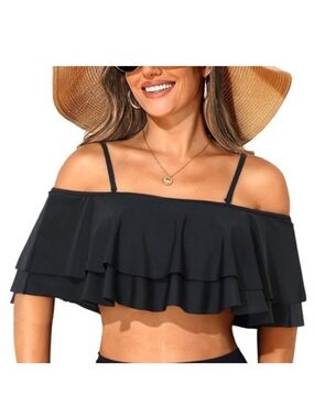 🆕 Tempt Me Black Ruffle Off the Shoulder Flounce Bikini Bathing Suit Top